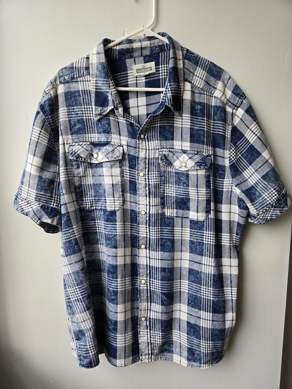 Distressed Look Mens 2X Blue Plaid Short-Sleeve Button Up Shirt Casual 90s Aesth